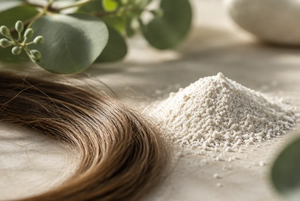 a lock of hair beside fine white powder