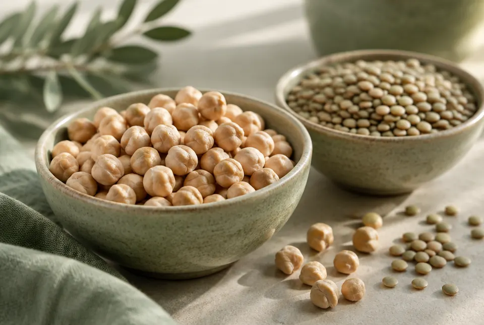 chickpeas and lentils in ceramic bowls