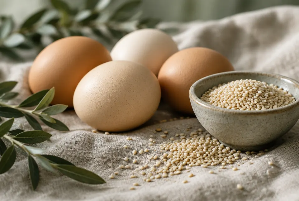 eggs and sesame seeds on linen