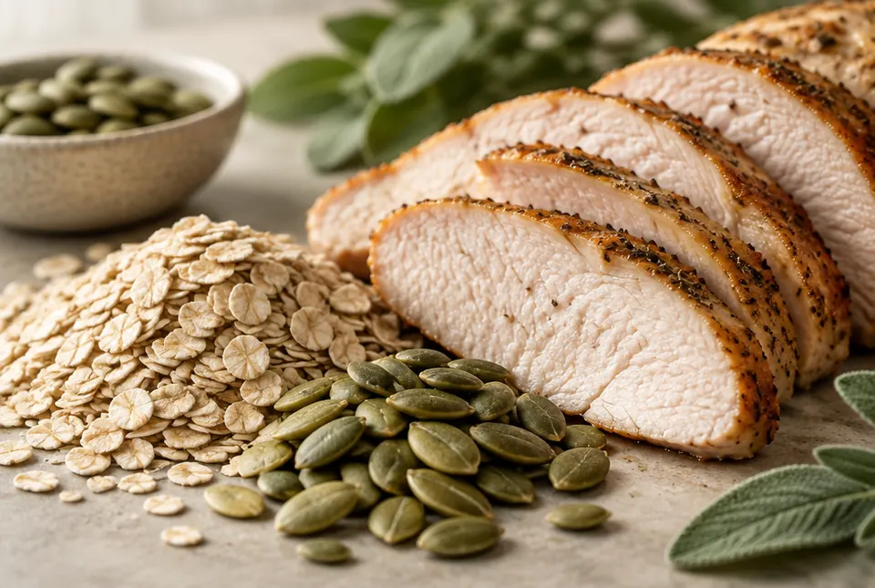roasted turkey slices, oats and pumpkin seeds