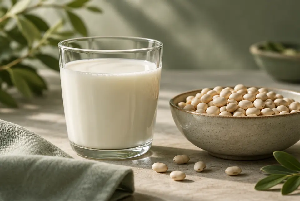 glass of milk beside a bowl of beans