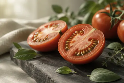 halved ripe tomatoes on a dark board