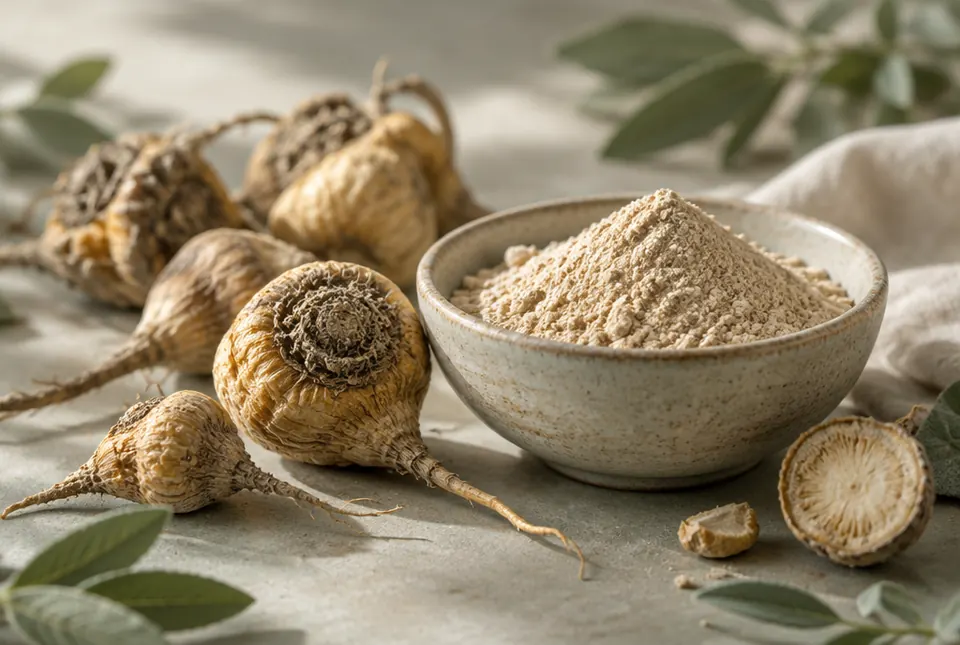 dried maca roots and maca powder in a bowl