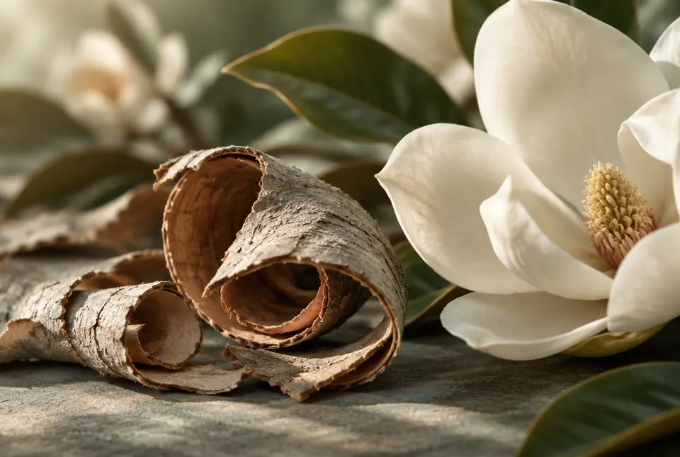 curls of magnolia bark beside a magnolia flower