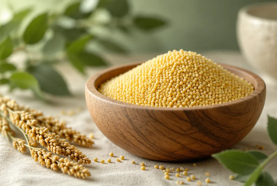 golden millet grain in a wooden bowl