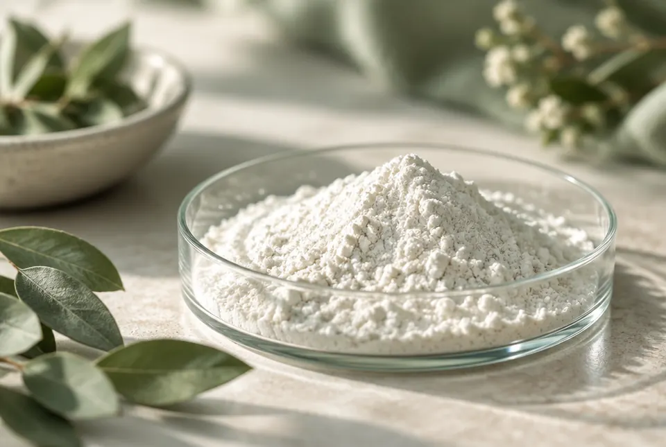 fine white powder in a glass dish with soft lab light
