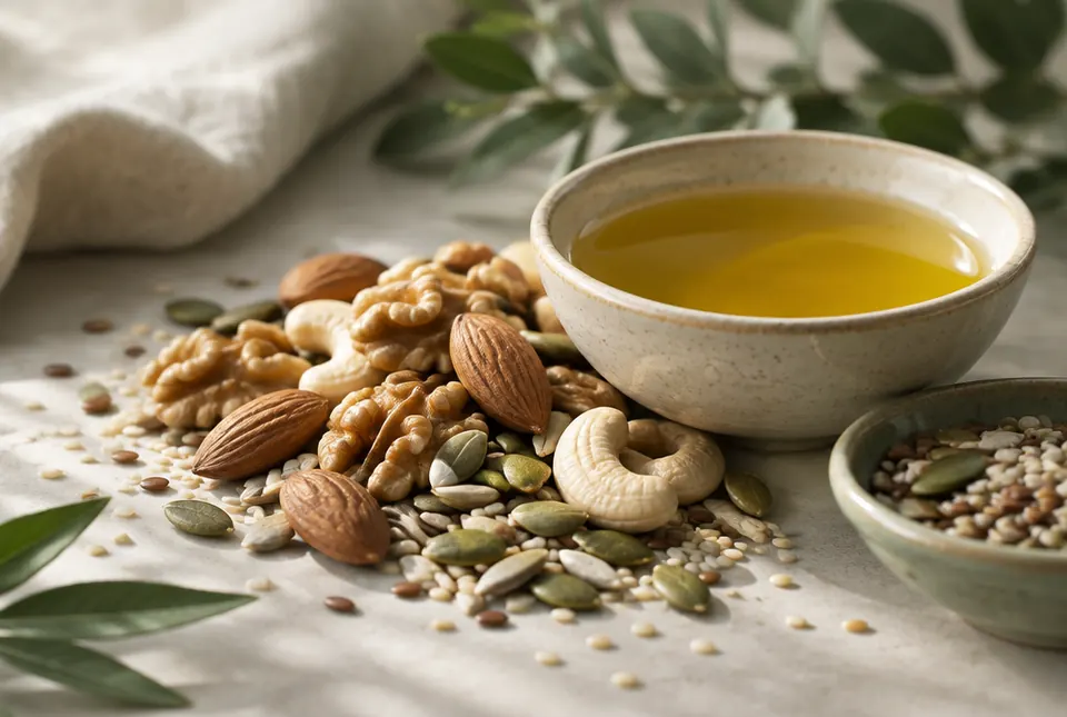 mixed nuts and seeds with a dish of plant oil