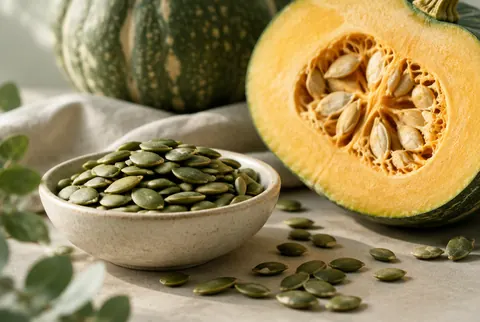 green pumpkin seeds and a halved pumpkin