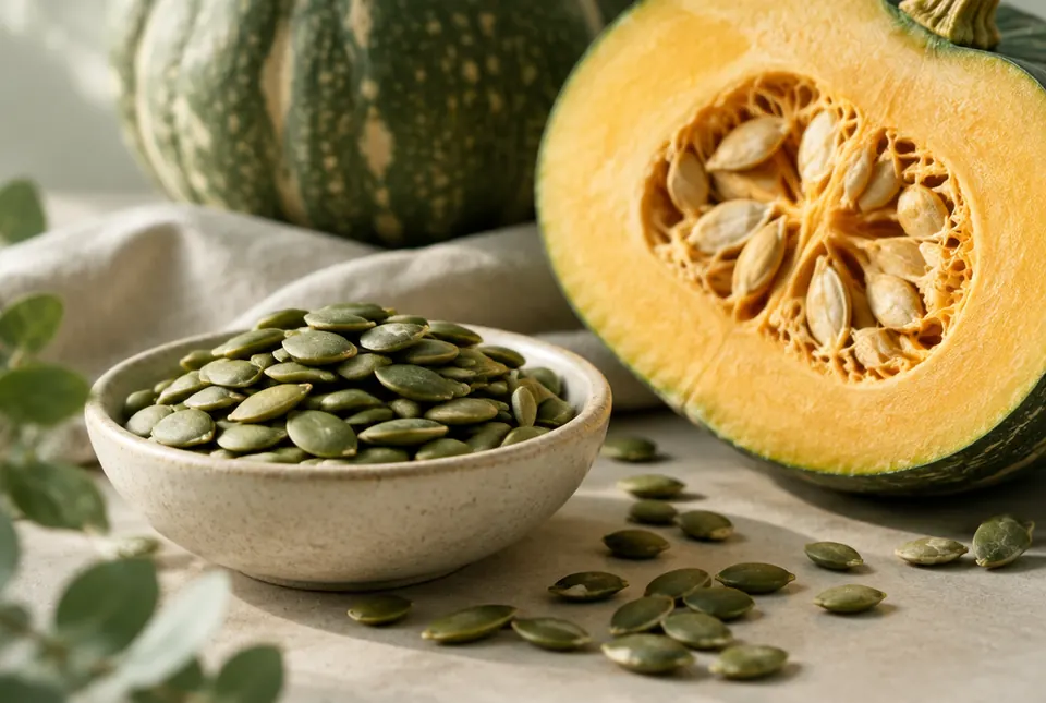 green pumpkin seeds and a halved pumpkin