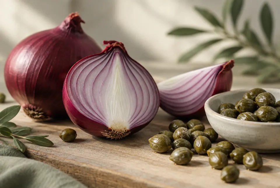 red onions and capers on a board