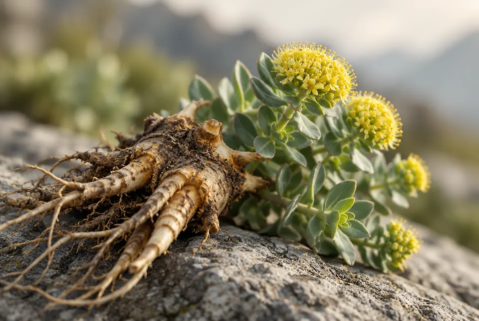 rhodiola root and small yellow flowers on rock