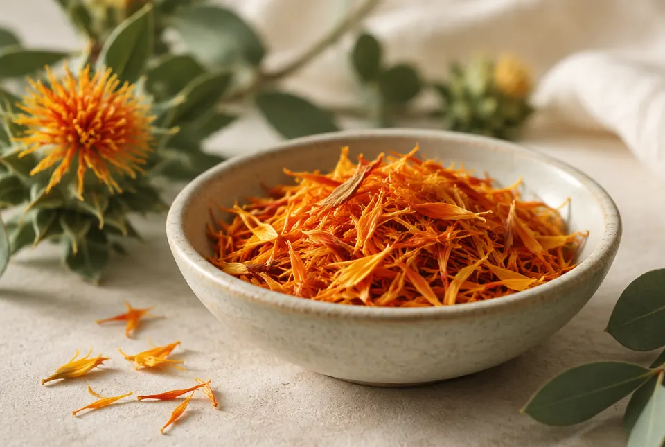orange safflower petals in a dish