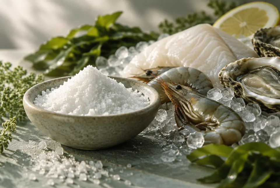 white crystalline powder beside seafood on ice
