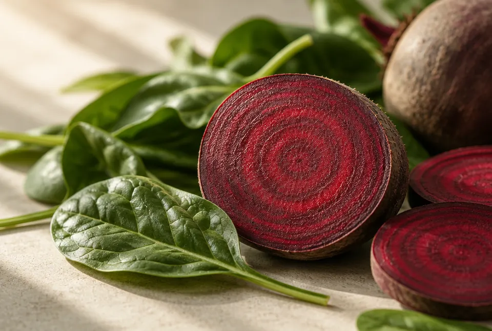 sliced beetroot and spinach leaves