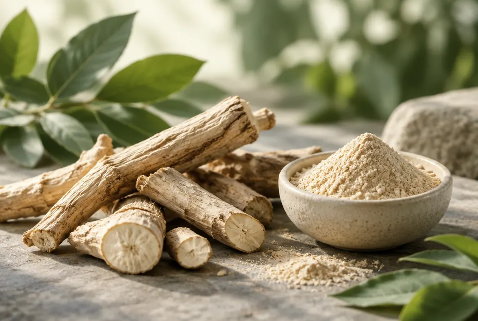 pale tongkat ali root pieces and powder