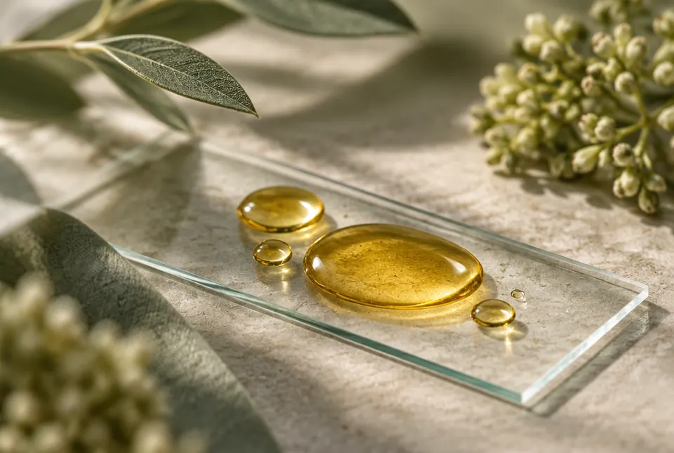 golden bile-like liquid droplets on a glass slide