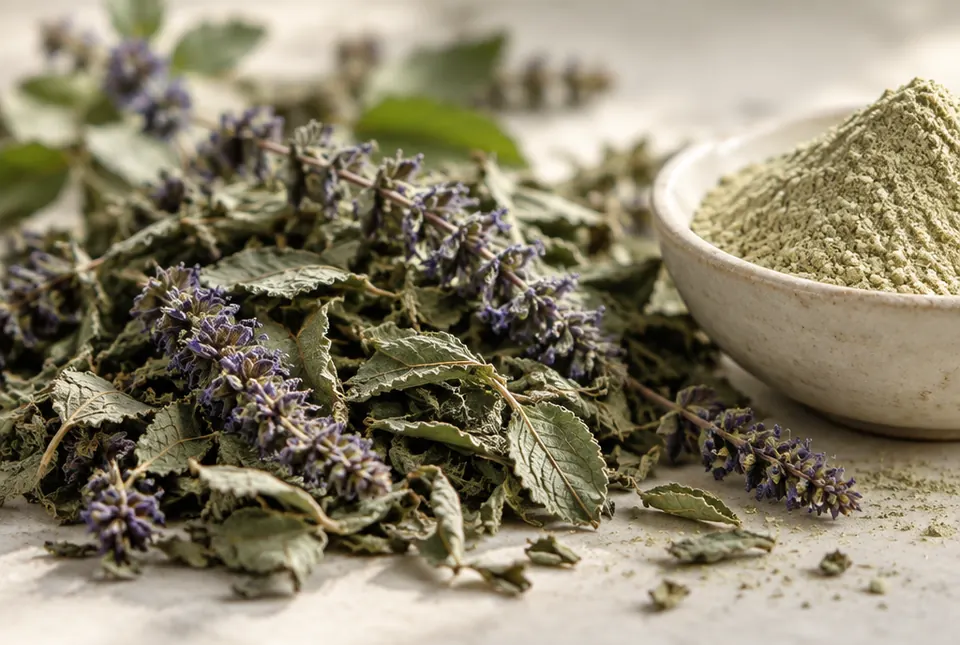 dried ajuga herb leaves and pale powder