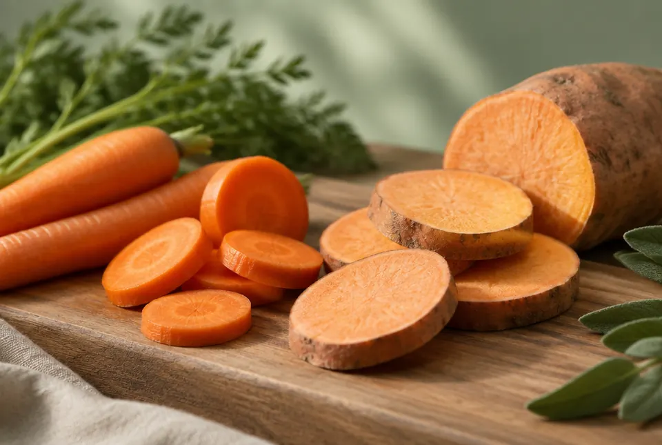 sliced carrots and sweet potato on a wooden board