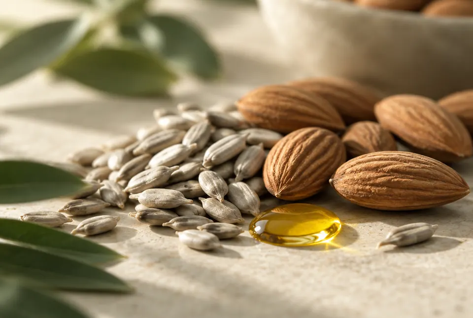 sunflower seeds and almonds with a drop of golden oil