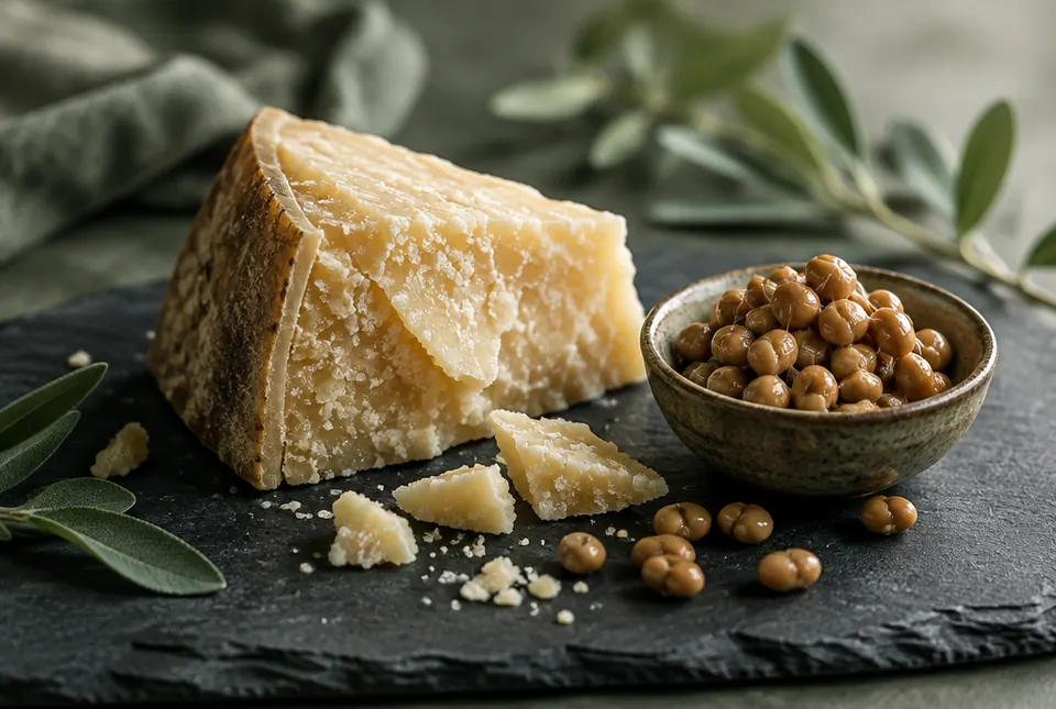 aged hard cheese and fermented soybeans on slate