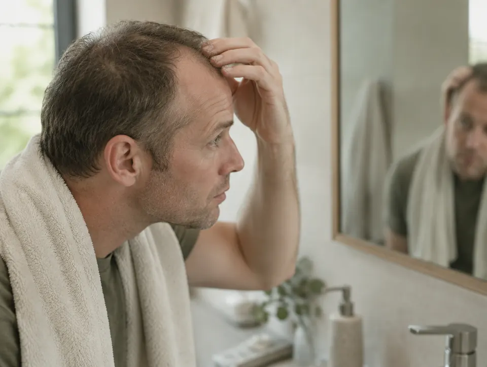 checking his hairline in the mirror