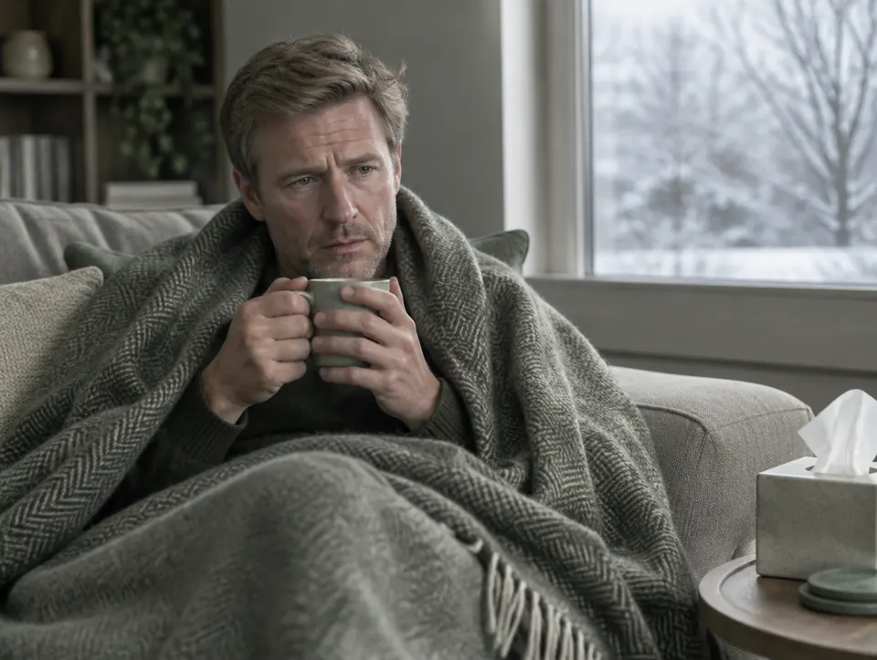 run down on the sofa in winter