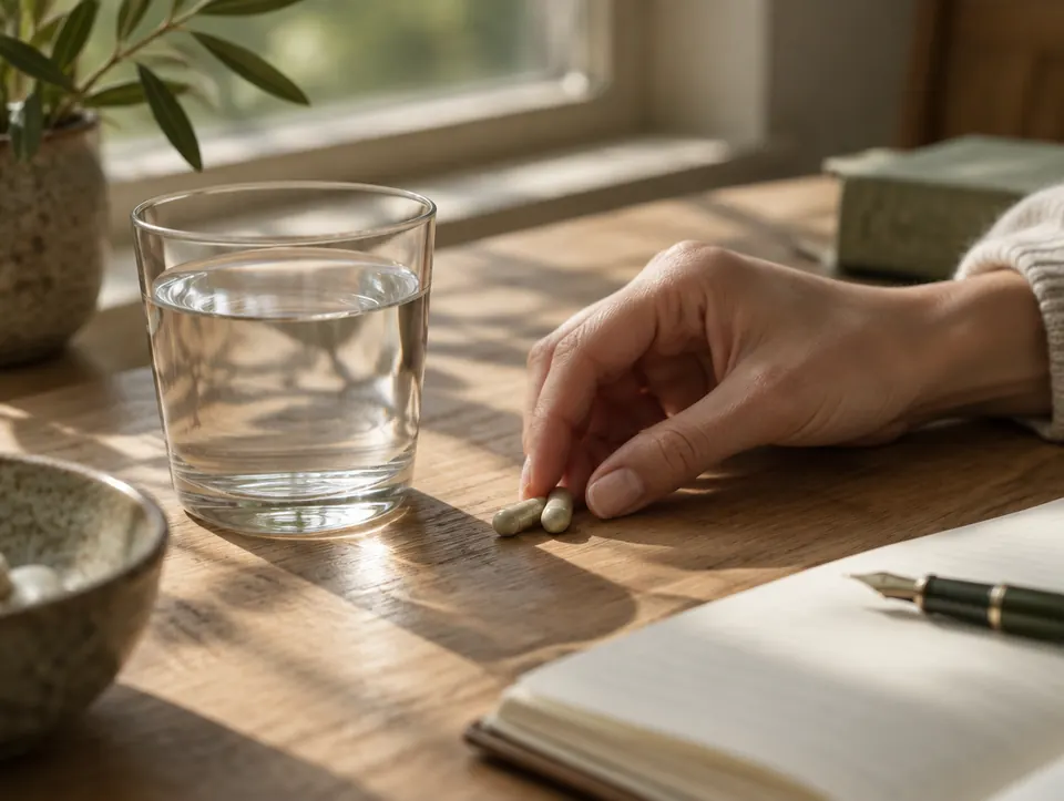 capsules beside a notebook and pen