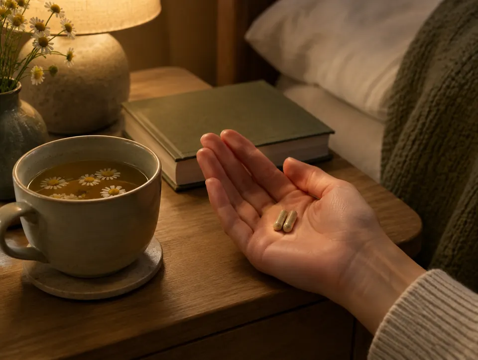 capsules with chamomile at the bedside