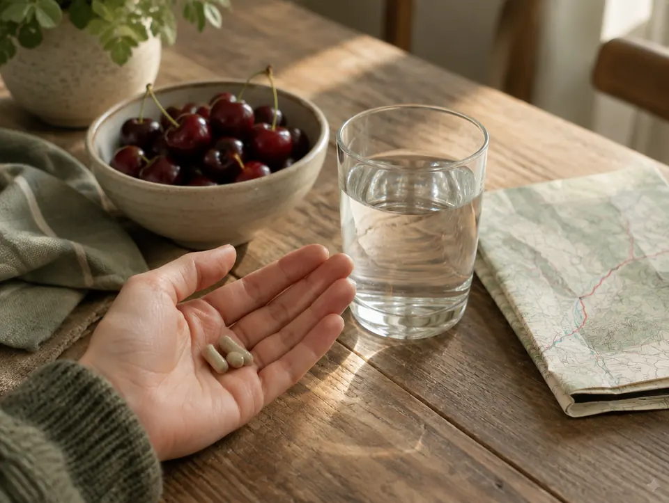 capsules with cherries and a walking map