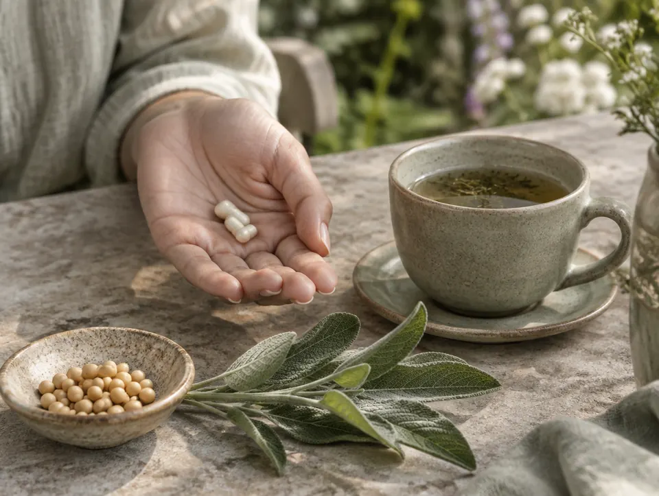 capsules with herbal tea and sage