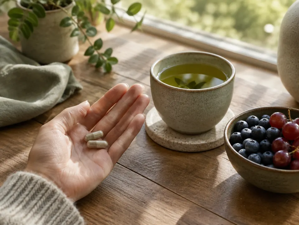 capsules with green tea and blueberries