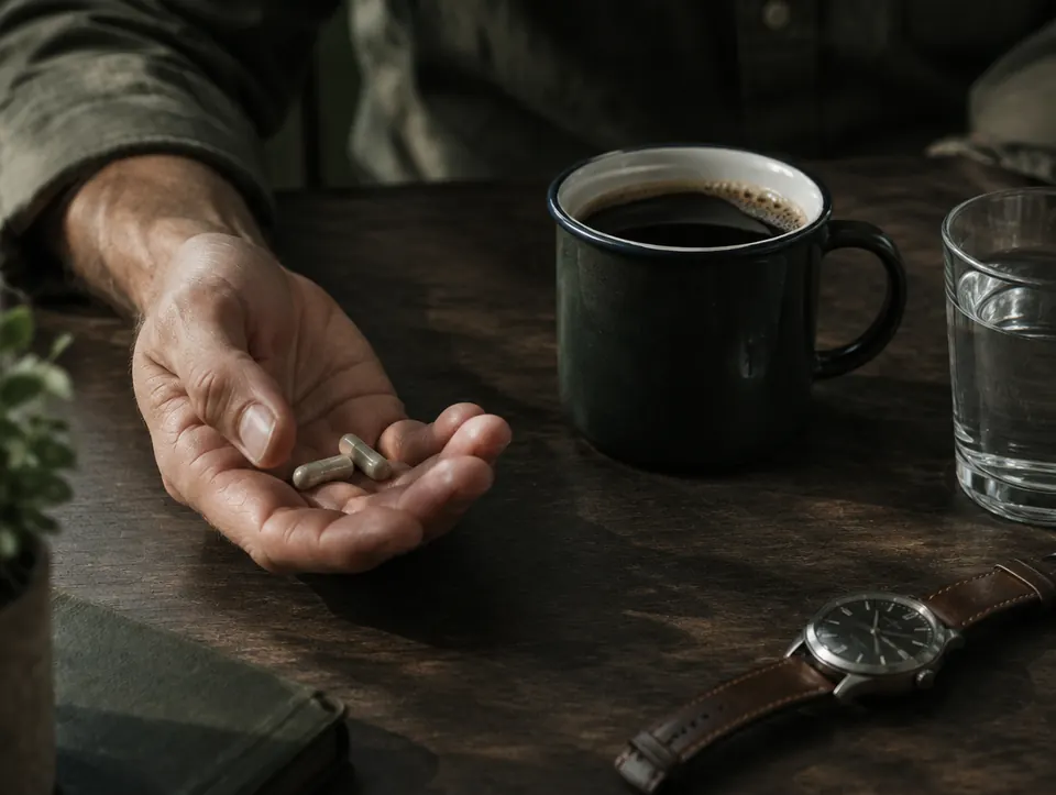 capsules with black coffee and a watch
