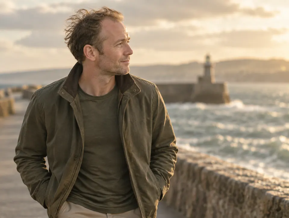confident on a windy harbour wall
