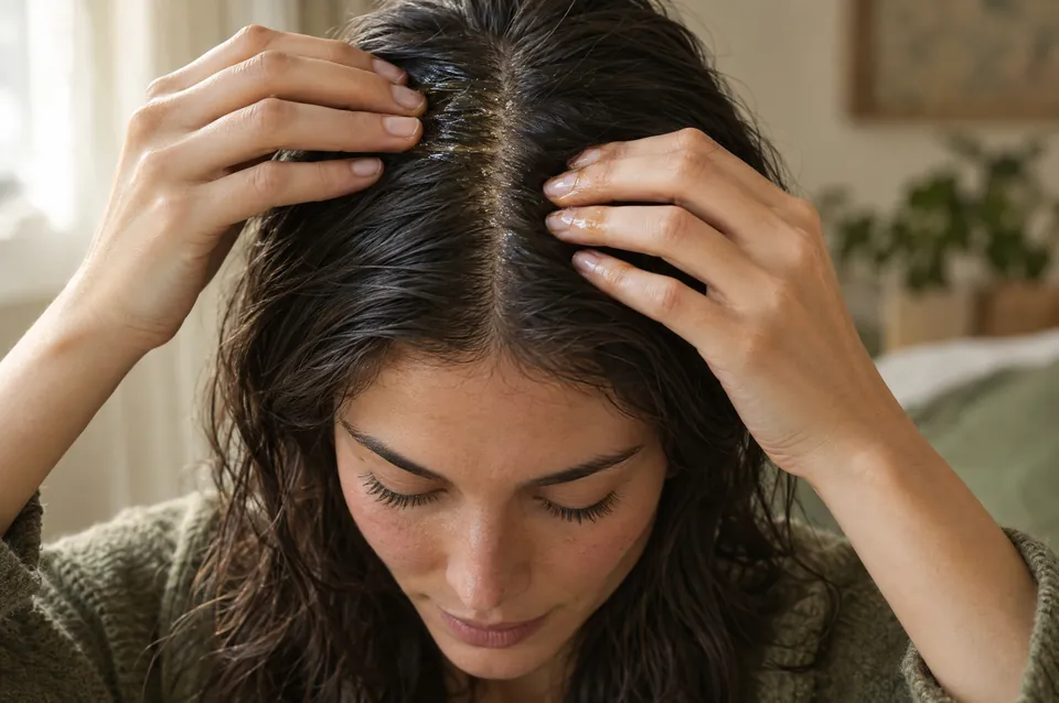 A woman applying oil along her parting with her fingertips