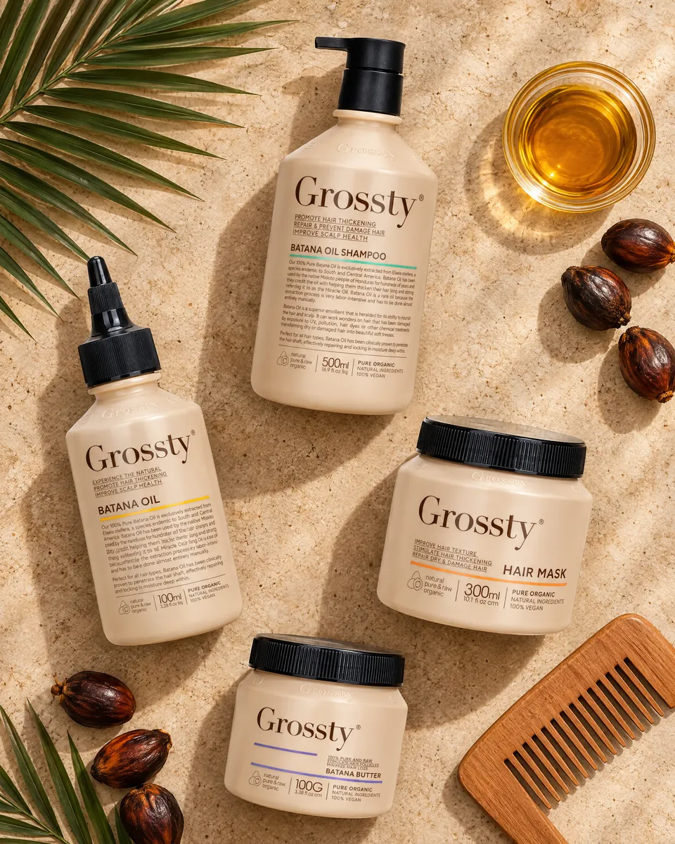 The five batana products on travertine with palm leaves and amber oil