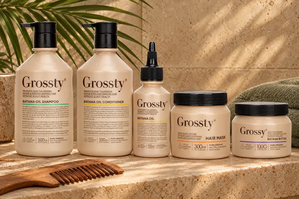 Batana shampoo, conditioner, oil, hair mask and butter on a travertine bathroom ledge