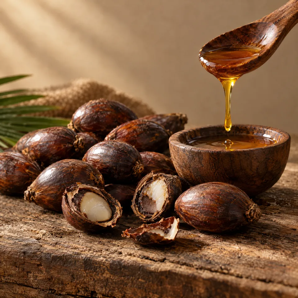 Batana nuts and a drip of amber oil on wood