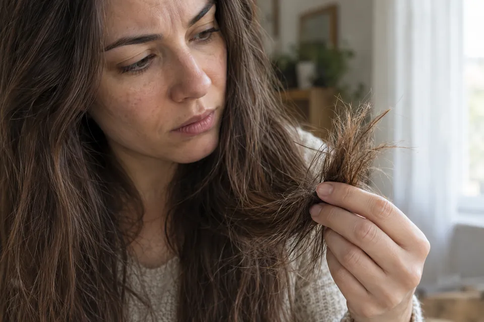 A woman holding the dry ends of her long hair