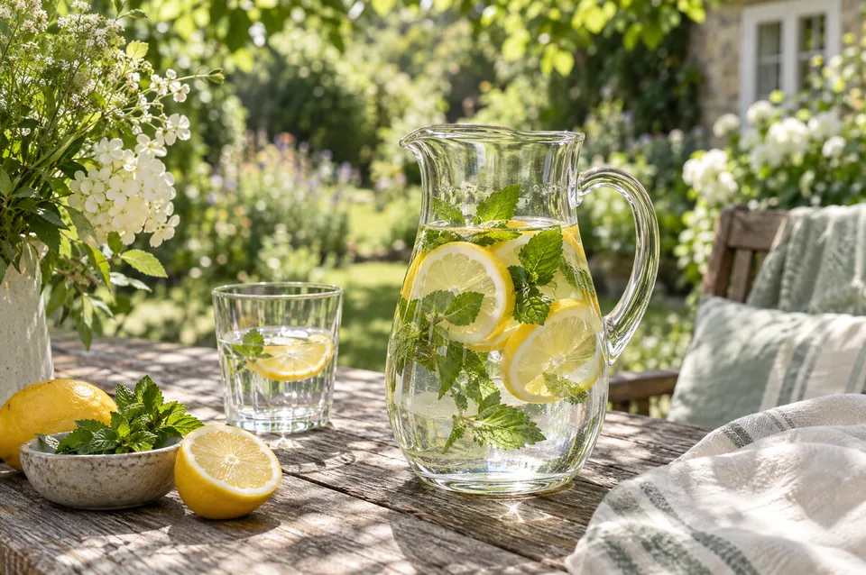 A glass jug of water with lemon slices on a garden table