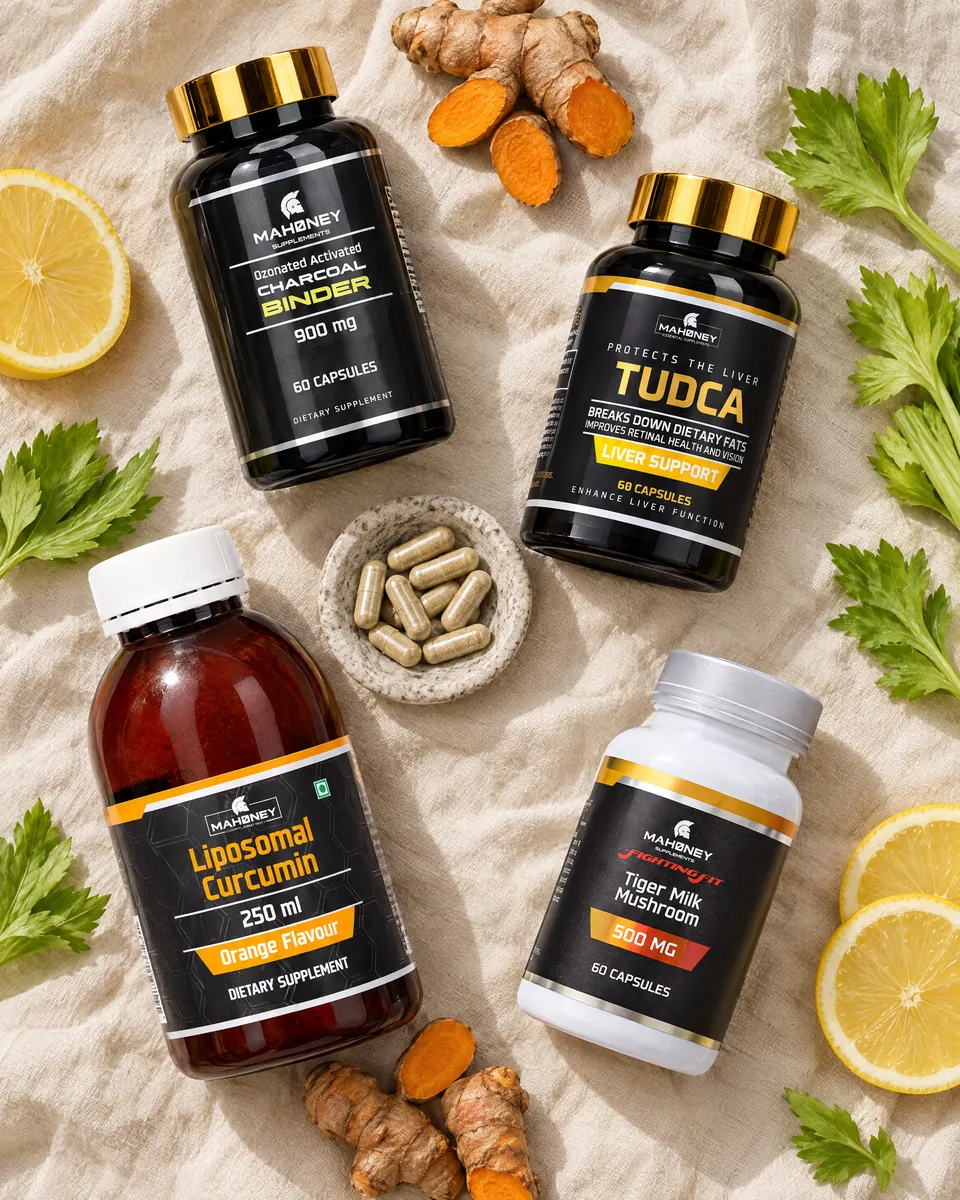 The four Liver & Detox products on linen with turmeric root and lemons