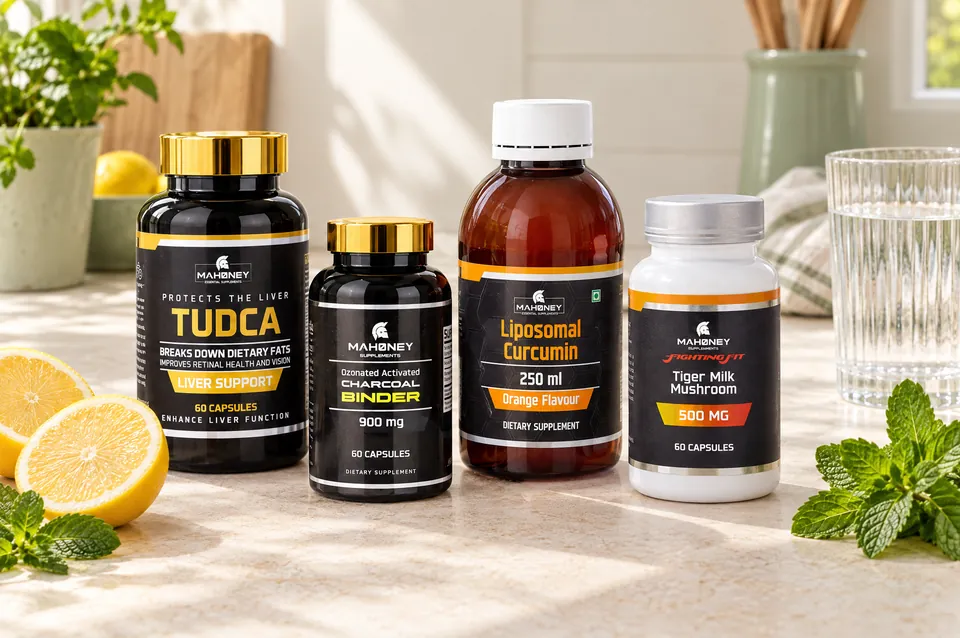 TUDCA, Activated Charcoal, Liposomal Curcumin and Tiger Milk Mushroom on pale stone with lemons
