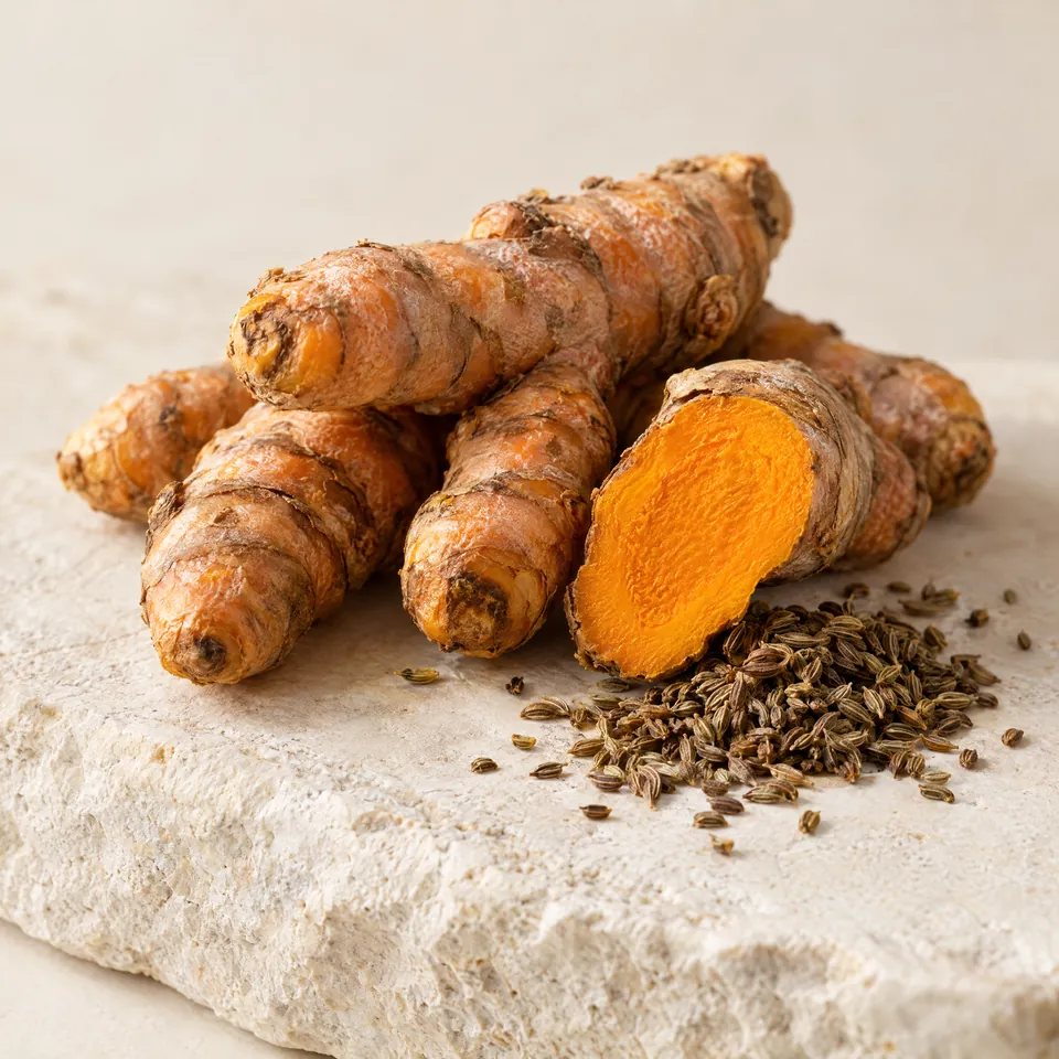 Fresh turmeric root and celery seeds on stone