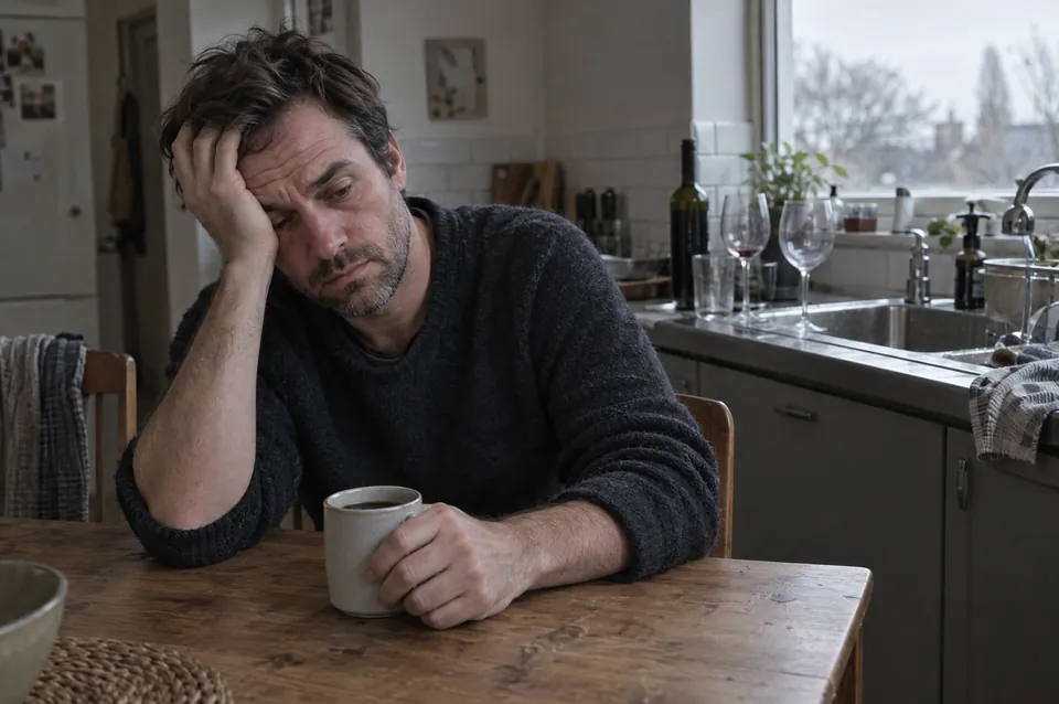 A tired man at a kitchen table on a Monday morning with coffee