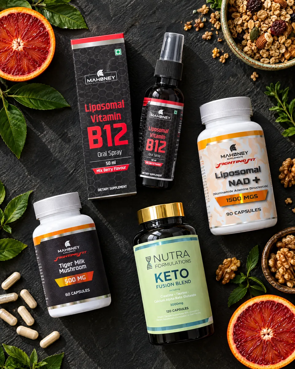 The four Energy Boost products on slate with blood oranges, granola and walnuts
