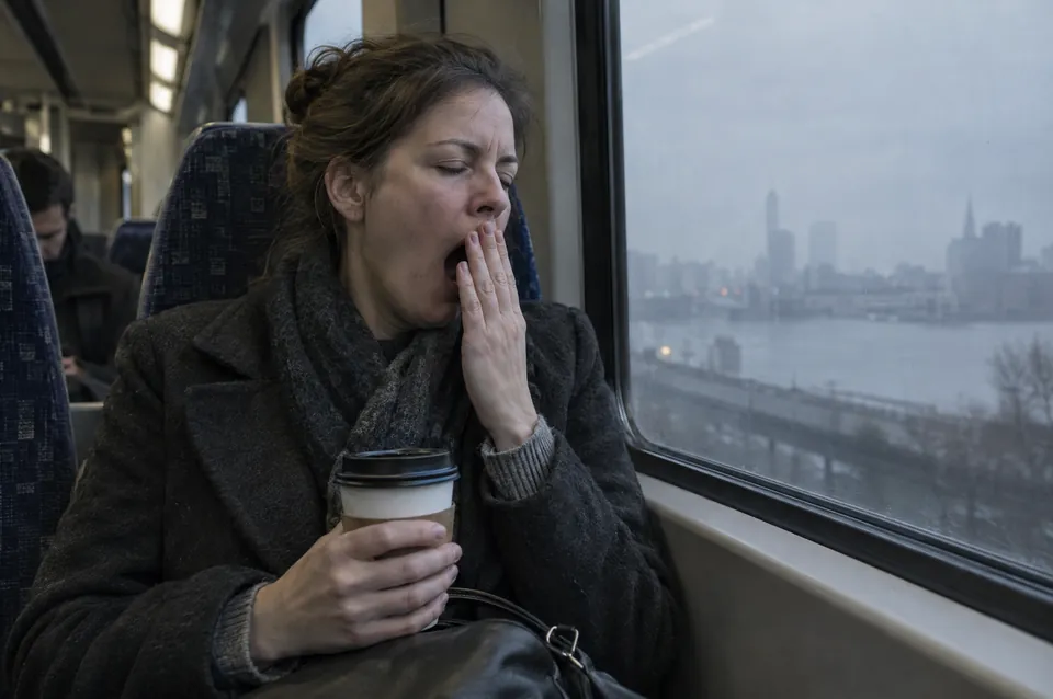 A woman yawning on an early-morning commuter train