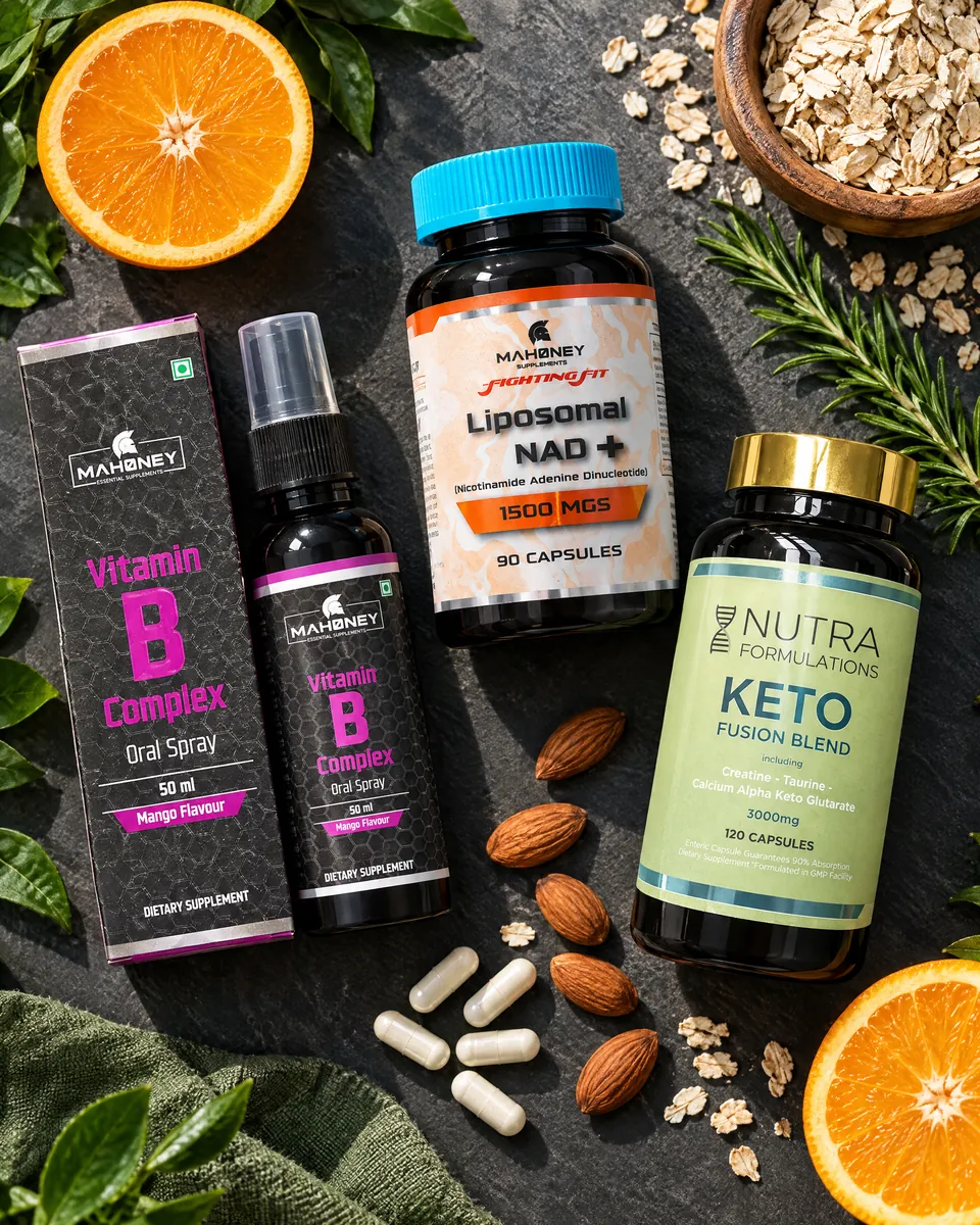 The three Energy Protocol products on slate with oranges, oats and almonds