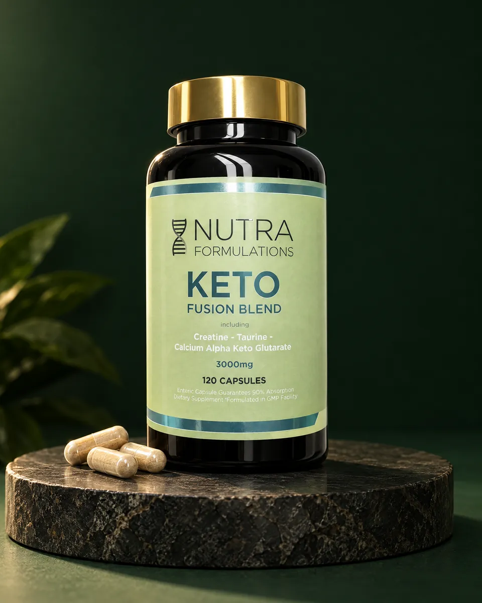 Keto Fusion bottle on a dark stone plinth
