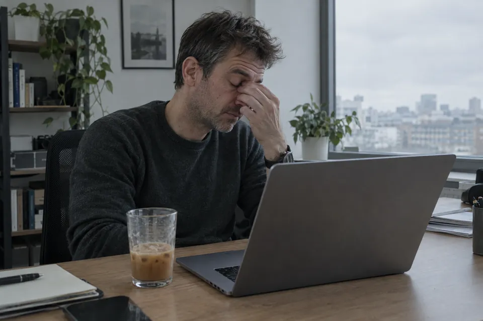 A man rubbing his eyes at his desk in the afternoon