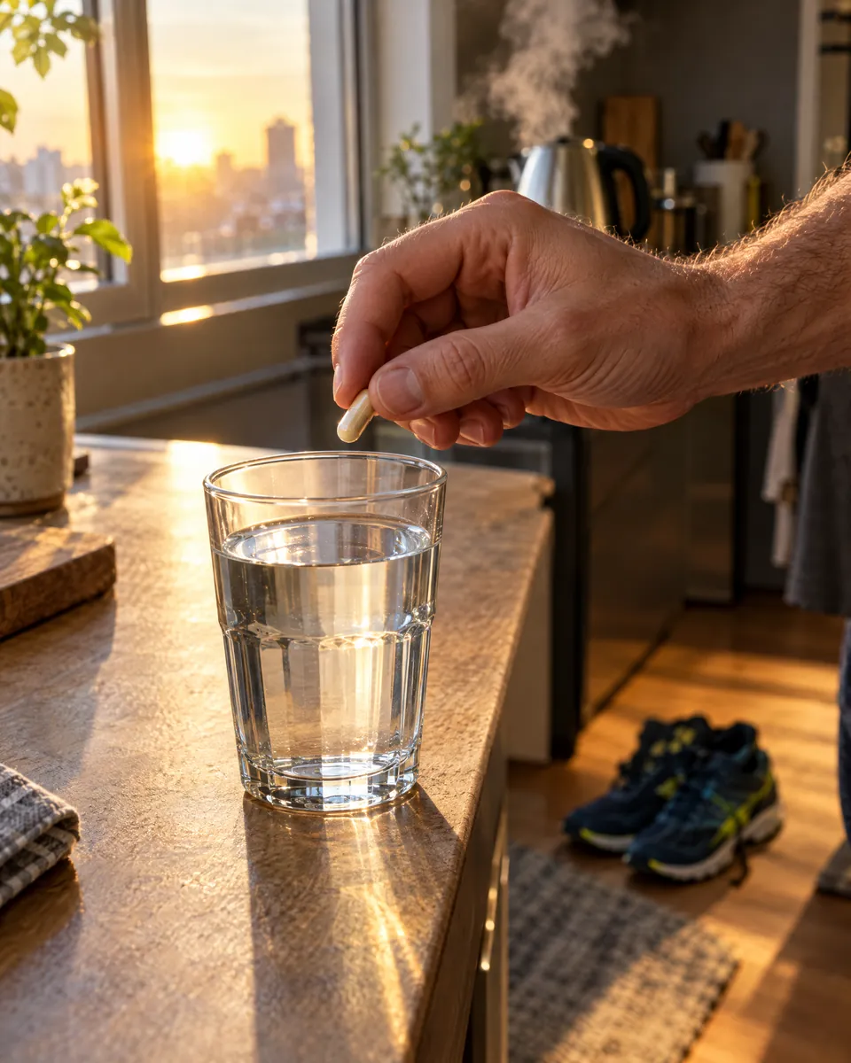 A hand holding a capsule above a glass of water on a sunlit kitchen worktop