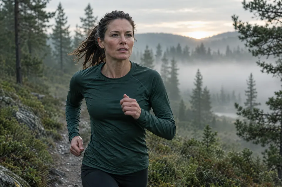 A woman running on a misty forest trail at dawn